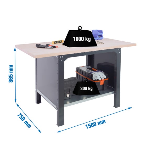 Werkbank BUFFALO WOOD | HxBxT 86,5x150x75cm | Traglast 1000kg | Anthrazit
