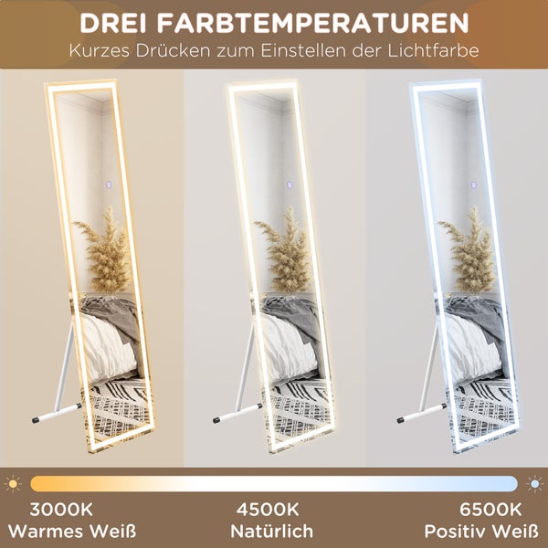 HOMCOM Ganzkörperspiegel, Standspiegel, Wandspiegel mit LED-Leuchte, Lichtspiegel mit 3 Lichtfarbe, Touch-Schlater, für Wohnzimmer, Schlafzimmer, 40 x 150 cm, Aluminium, Weiß