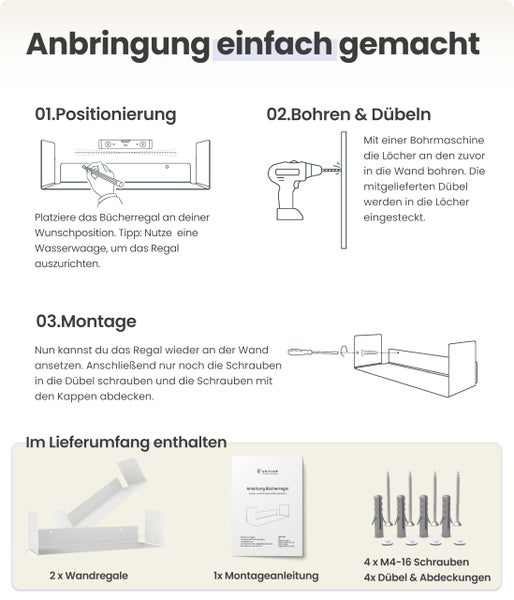 UNITURE® - 2er Set - Wandregal weiß - Moderne Regal Wand Design - 2x42 cm Bücherregal schwebend, Bilderleiste weiß - Wandregal, Regal weiß, Regalbrett weiß, wandregal weiß