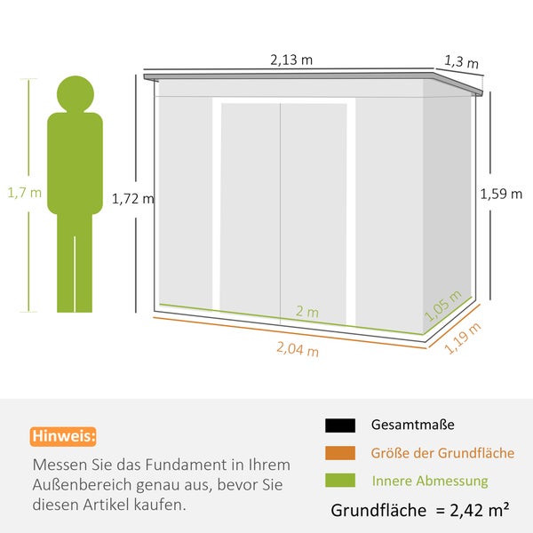 Maßzeichnung eines Gartenhauses: Gesamtbreite 2,13 m, Tiefe 1,3 m, Grundfläche 2,42 Quadratmeter und Innenbreite 2 m. Referenzperson 1,7 m hoch.