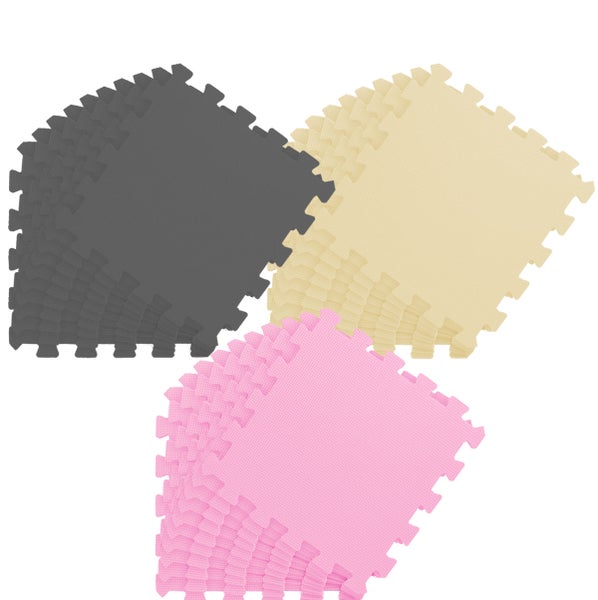 Ineinandergreifende Schaumstoffmatten in Grau, Beige und Rosa, Puzzle-Bodenmatten für den Bodenschutz.