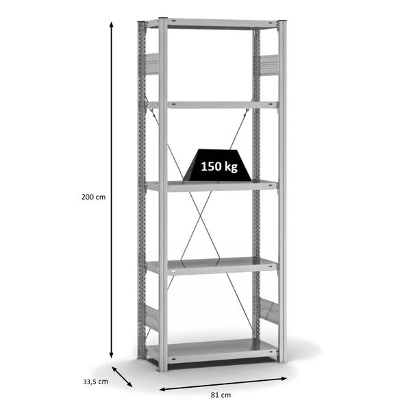 PROREGAL Fachbodenregal Stecksystem T-Profil Light-Duty Grundregal HxBxT 200 x 75 x 30 cm 5 Ebenen Fachlast 150 kg Einseitig Nutzbar Verzinkt