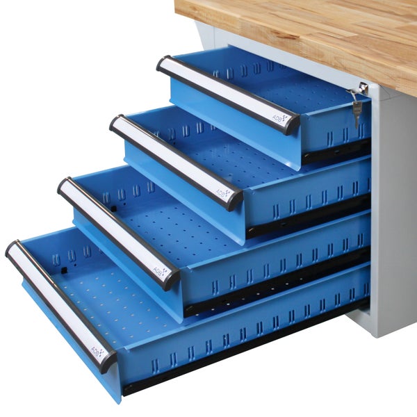 PROREGAL Werkbank Rhino Plus mit 4 Schubladen HxBxT 84 x 150 x 70 cm Traglast 500 kg Lichtgrau Blau