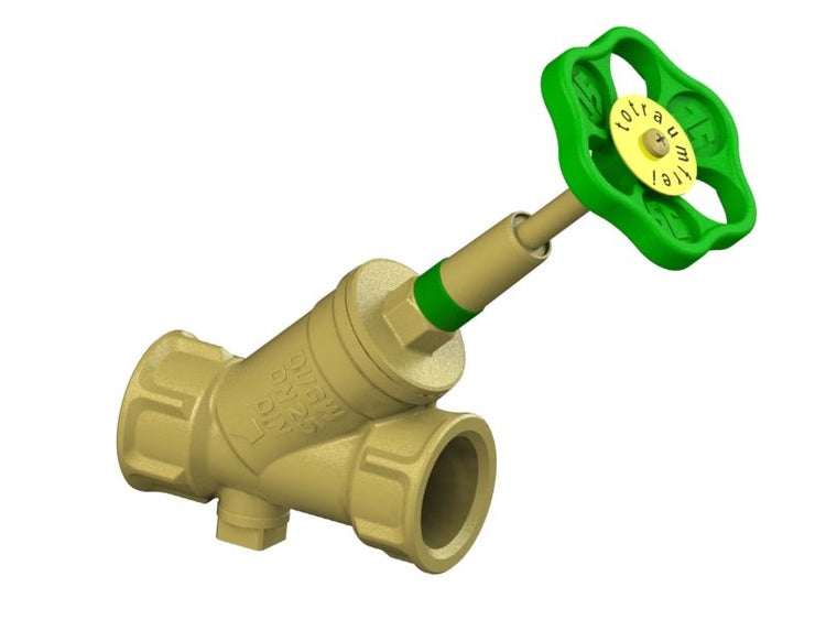 Schrägsitzventil aus Messing Nennweite 25 mit grünem Handrad für die Trinkwasserinstallation.