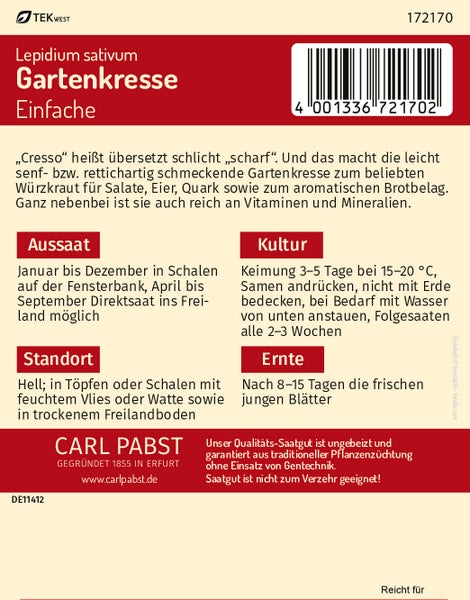 Rückseite der Saatgutpackung Gartenkresse Einfache mit Carl Pabst Logo und Informationen zu Aussaat, Kultur, Standort und Ernte.