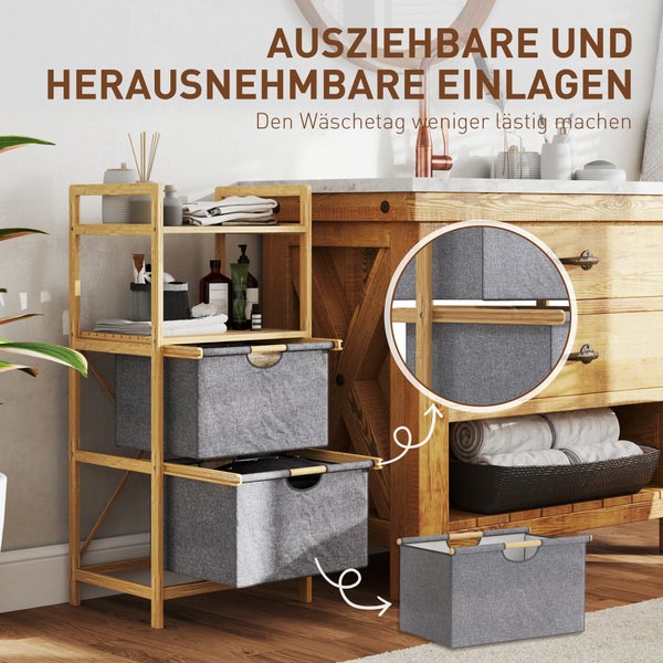 HOMCOM Wäschekorb 35,4 L Wäschesammler mit 2 Wäschekörben aus Stoff, offene Ablagen, Wäschebox mit Griff, für Badezimmer, Bambus, Natur