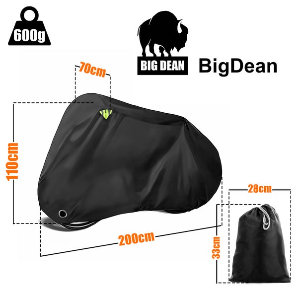 Abbildung einer schwarzen Fahrradabdeckung mit den Maßen 200 cm x 70 cm x 110 cm und einem Gewicht von 600 g, inklusive Aufbewahrungsbeutel mit den Maßen 28 cm x 33 cm.
