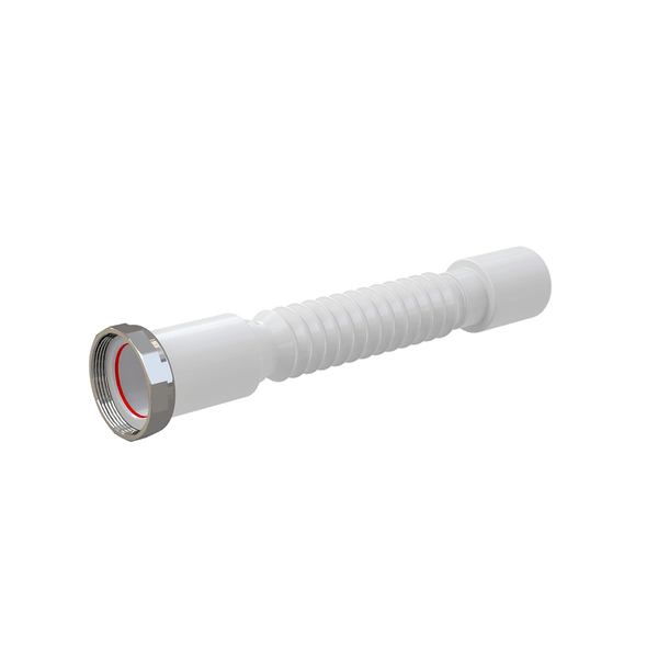 Flexibler Ablaufschlauch für Siphons aus Kunststoff in Weiß mit Metallüberwurfmutter und Dichtung.