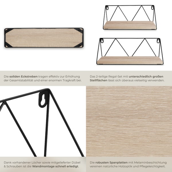 2er Set Wandregal tectake Rockport Tiefe 13 cm Industrial Style Industrial Holz hell, Eiche Sonoma