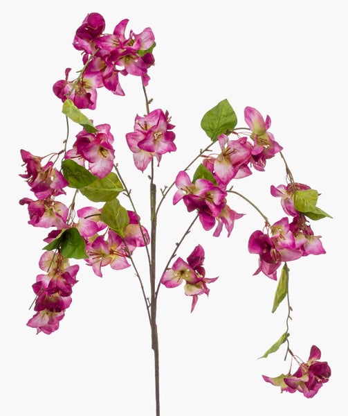 Künstlicher Blütenzweig mit pinkfarbenen Blüten und grünen Blättern.