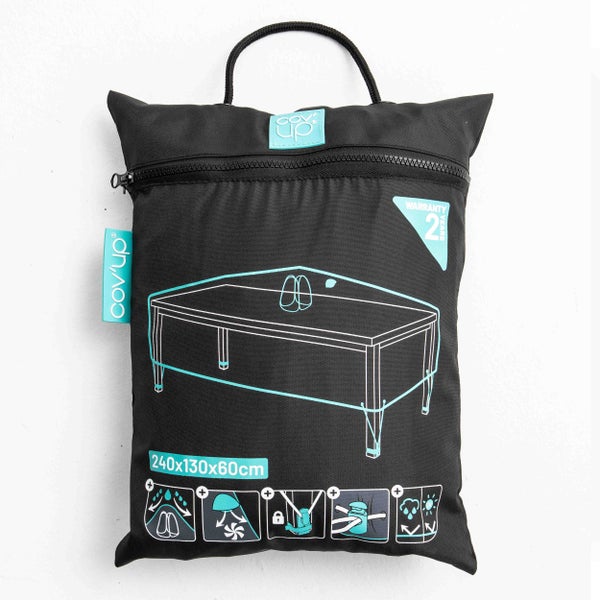 Schwarze Tasche für Gartenmöbel-Schutzhülle für Tische, Maße 240 mal 130 mal 60 Zentimeter, wasserdicht, UV-beständig, Cov up Logo.