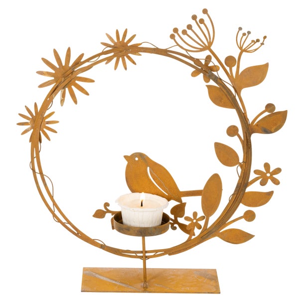 Teelichthalter aus Metall in Rostoptik, kreisförmig mit Blumen, Blättern und Vogelmotiv auf rechteckigem Standfuß.