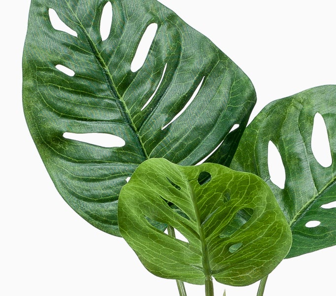 Detail eines grünen, verzweigten Pflanzenstängels einer Kunstpflanze.