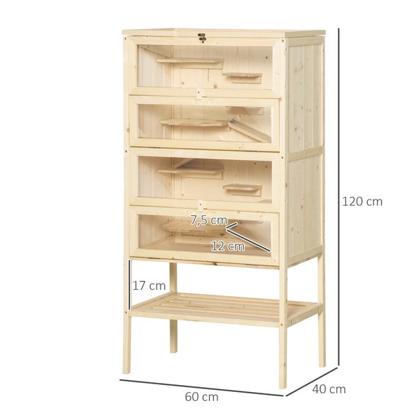 PawHut Kleintierkäfig 5 Etagen mit Gitterdach Rampen Kleintierstall Käfig Nagerkäfig Meerschweinchenstall Tannenholz Naturholz 60 x 40 x 120 cm