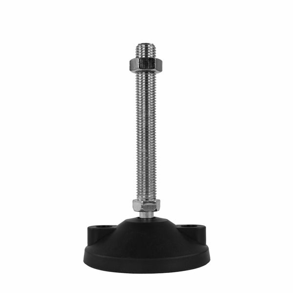 Verstellbarer Stellfuß aus Metall und schwarzem Kunststoff mit Gewindebolzen, zwei Sechskantmuttern und Befestigungslöchern.