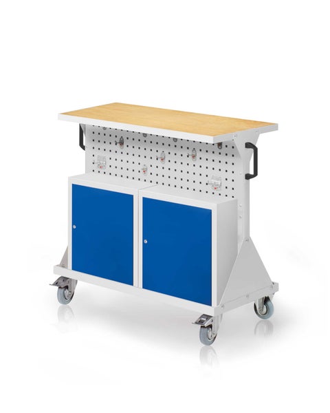 Werkbankwagen mit Holzplatte und zwei blauen Schränken