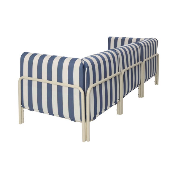 Blau-weiß gestreiftes modulares Sofa mit Metallgestell, Rückansicht.