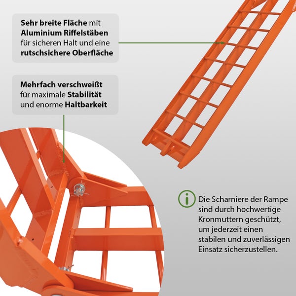 Detailansicht einer orangefarbenen Auffahrrampe mit breiter Fläche und Aluminium Riffelstäben für sicheren Halt
