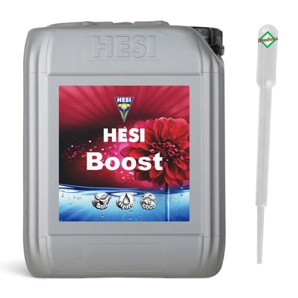 HESI Boost Blühbeschleuniger und Pflanzendünger in grauem Kanister für Erde, Hydro und Coco, inklusive Pipette.