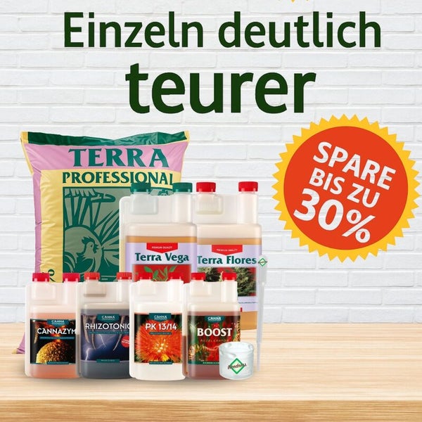 CANNA Set mit Terra Professional Erde und Düngern Terra Vega, Terra Flores, Cannazym, Rhizotonic, PK 13/14, Boost. Bis zu 30 Prozent Ersparnis.