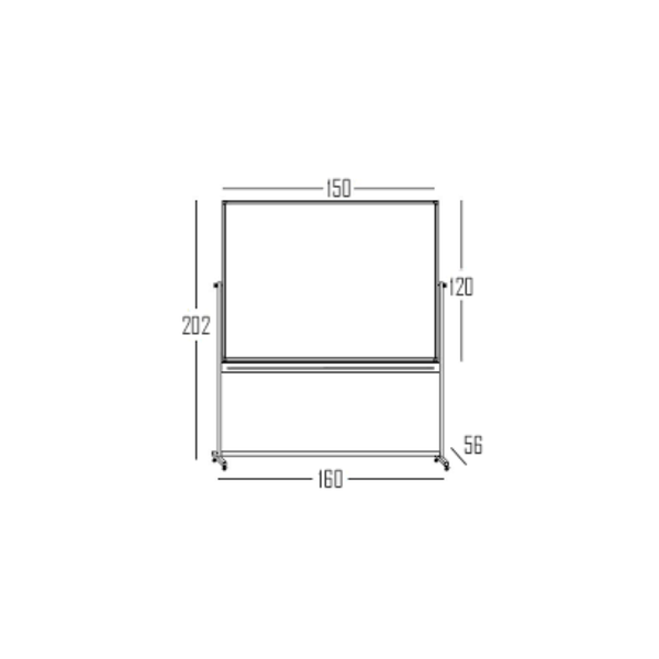 Technische Zeichnung einer fahrbaren Weißwandtafel mit Maßen in Zentimetern: Breite 150, Höhe 202, Tiefe 56.