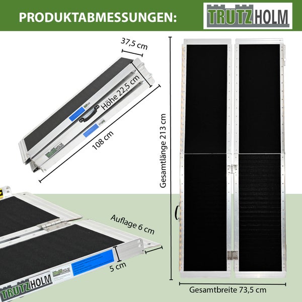 Produktabbildung von Trutzholm mit Maßangaben zu Länge, Höhe und Breite der Rampe.