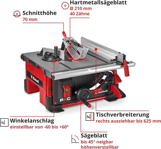 Einhell Tischkreissäge mit Hartmetallsägeblatt, 70 Millimeter Schnitthöhe, ausziehbarer Tischverbreiterung und verstellbarem Winkelanschlag.