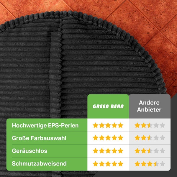 Green Bean Pouf-Kissen 45x25cm mit EPS-Perlen Füllung & Cordstoff Bodenkissen Liegekissen Sitzkissen Sitzhocker Sessel Kinder Erwachsene Stoff Hocker Ablage Schwarz