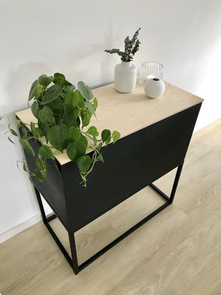 Modernes minimalistisches Sideboard mit schwarzem Metallgestell, schwarzem Korpus und heller Holzplatte, dekoriert mit einer Grünpflanze.