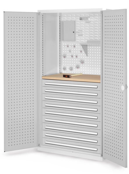 Werkstattschrank mit Lochwandtüren, Schubladen und Arbeitsfläche