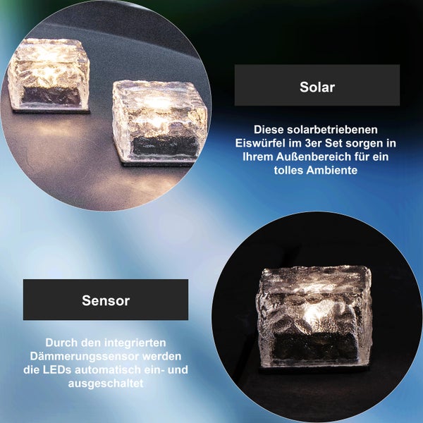 Solarleuchten in Eiswürfelform mit Dämmerungssensor, Dreierset für den Außenbereich