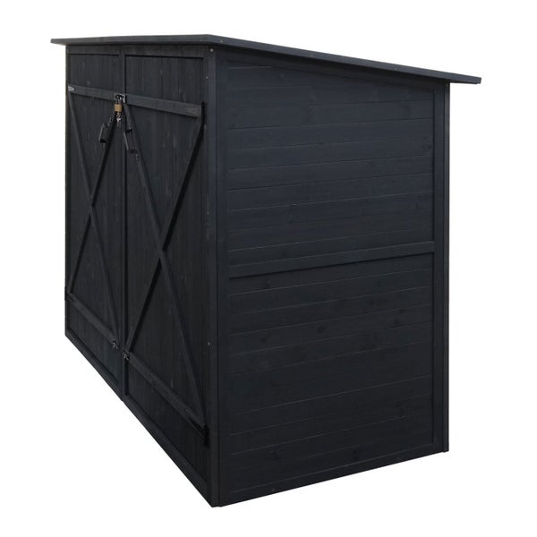 Anthrazitfarbene Mülltonnenbox aus Holz mit Doppeltüren, X-Verstrebung und Pultdach.