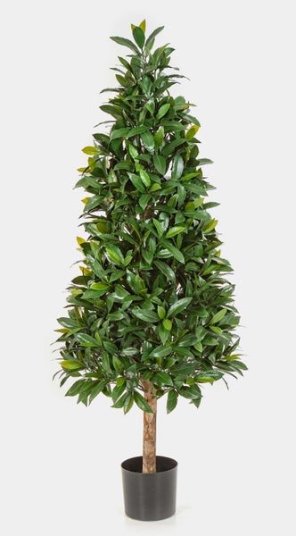 Künstlicher Lorbeerbaum in Pyramidenform mit grünen Blättern, Naturholzstamm und schwarzem Kunststofftopf.
