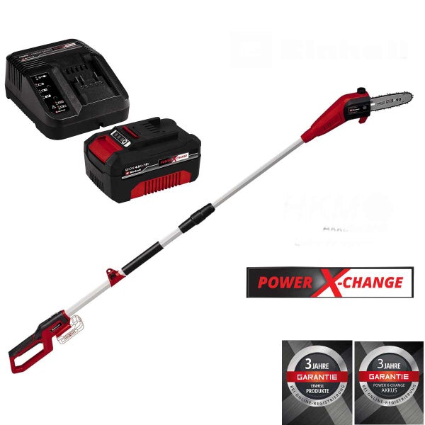 Einhell Akku-Hochentaster Power X-Change Set mit 4,0 Amperestunden Akku, Ladegerät und Teleskopstiel. Einhell Logo. Drei Jahre Garantie.