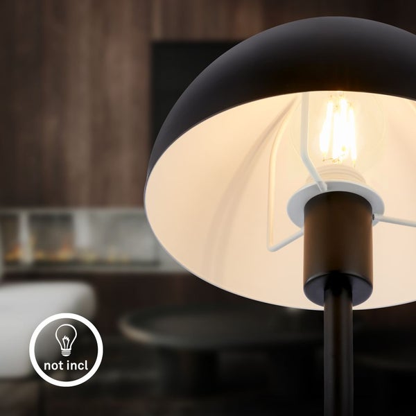 Detailansicht einer schwarzen halbkugelförmigen Lampe mit weißer Innenseite. Symbol Leuchtmittel nicht enthalten.