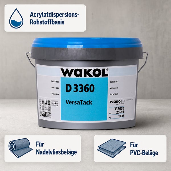 WAKOL D 3360 VersaTack Dispersionsklebstoff Eimer 14 Kilogramm auf Acrylatdispersionsbasis für Nadelvlies und PVC Beläge