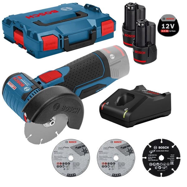 Bosch Professional Akku-Winkelschleifer GWS 12 Volt-76 Set mit zwei 2,0 Amperestunden Akkus, Ladegerät, drei Trennscheiben und L-BOXX.