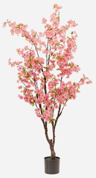 Künstlicher Kirschblütenbaum mit rosa Blüten im schwarzen Topf