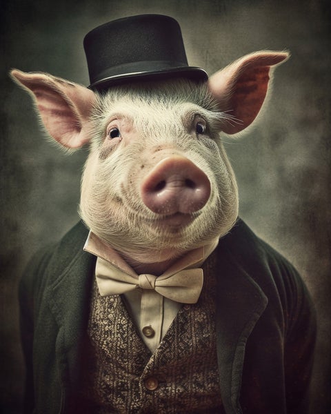 Illustration eines Schweins mit Zylinder, Weste und Fliege