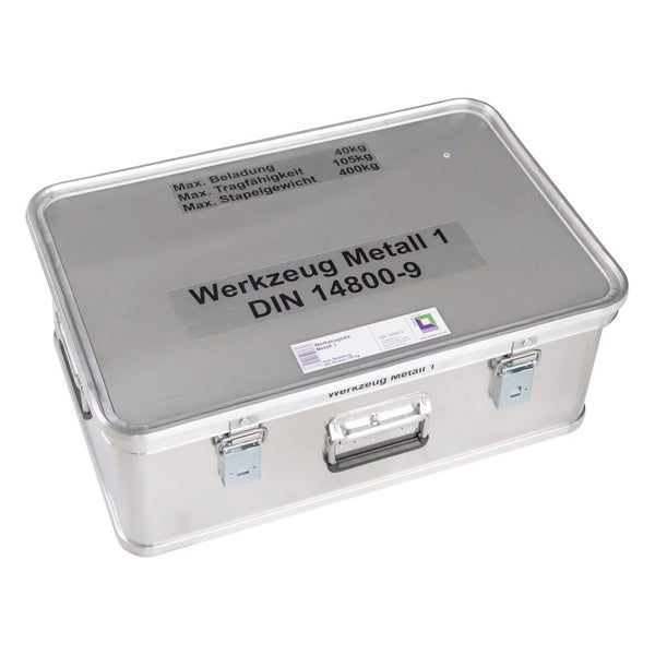 MUNK Rettungstechnik Aluminium Kasten 600x400x150mm mit Deckel, Beschriftung Werkzeugsatz Metall 1