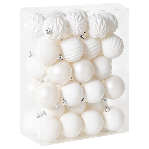 Packung mit weißen Christbaumkugeln aus Kunststoff mit verschiedenen Oberflächen