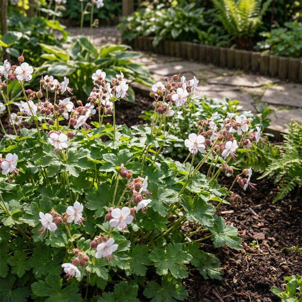 Weiß blühender Storchschnabel im Gartenbeet mit grünen Blättern und Rindenmulch, Steinweg im Hintergrund.