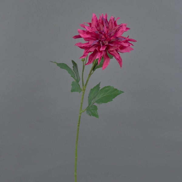 Pinkfarbene künstliche Dahlie mit grünem Stiel und Blättern.