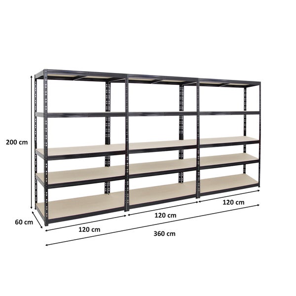 PROREGAL Mega Deal 3x Schwerlastregal Giant Tiger HxBxT 200 x 120 x 60 cm Fachlast 265 kg 5-Ebenen Schwarz