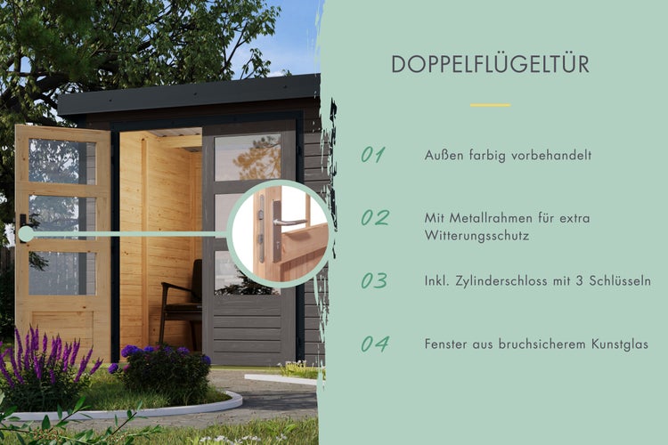 Gartenhaus mit Doppelflügeltür inklusive Zylinderschloss, bruchsicherem Kunstglas und Metallrahmen. Außen farbig vorbehandelt.