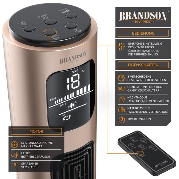 Brandson Turmventilator 96 cm mit Fernbedienung, Oszilation 60°, Standventilator, mobiler Lüfter, Säulenventilator, Ventilator