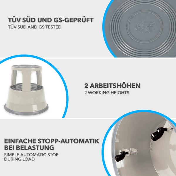 FLOORDIREKT Rollhocker - Elefantenfuß - aus Stahl - Mobiler Tritthocker - Sitzmöglichkeit für Büro und Gewerbe - Lichtgrau