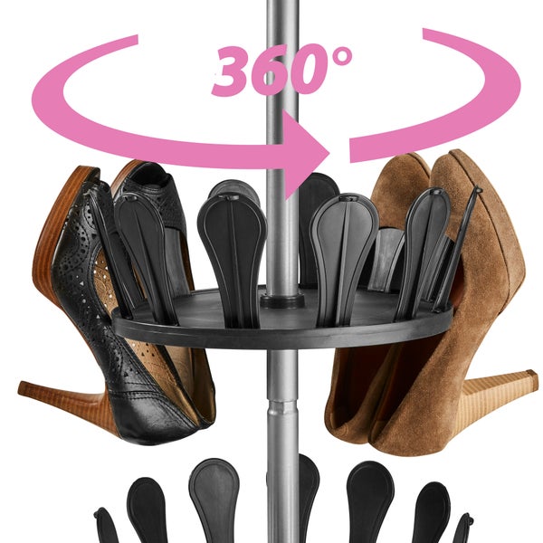 Drehbarer Schuhständer mit Damenschuhen und 360 Grad Symbol