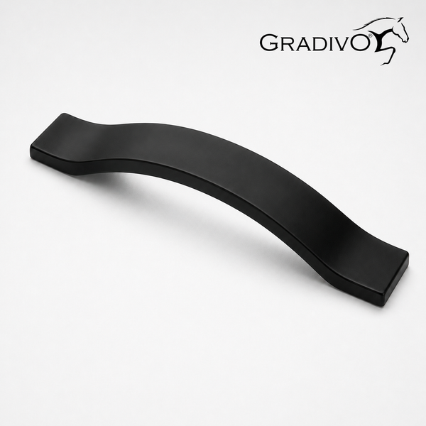 Möbelgriff in Bogenform in Schwarz matt von Gradivo. Gradivo Logo.