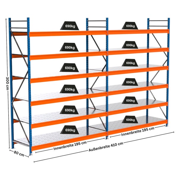 Lagerregal mit fünf Ebenen und den Maßen 300 cm Höhe, 195 cm Innenbreite, 410 cm Aussenbreite und 80 cm Tiefe